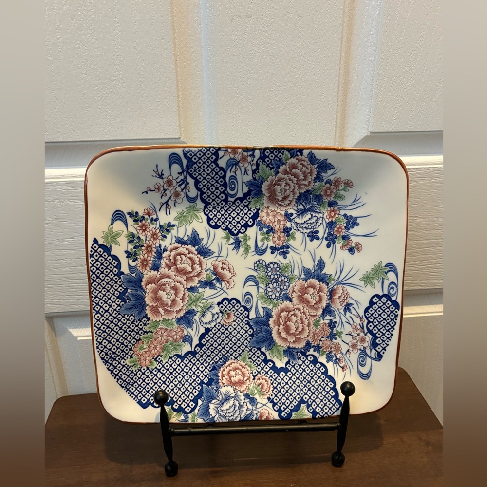 Vintage Japanese Toyo Blue & Pink Floral Porcelain Charger Square Platter 12"